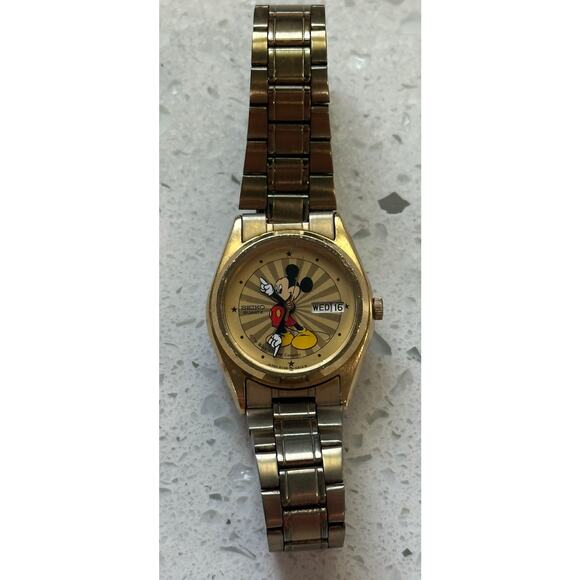 VTG Seiko Mickey Mouse Watch Women Gold Tone Sunburst Date 4858 - Picture 1 of 4